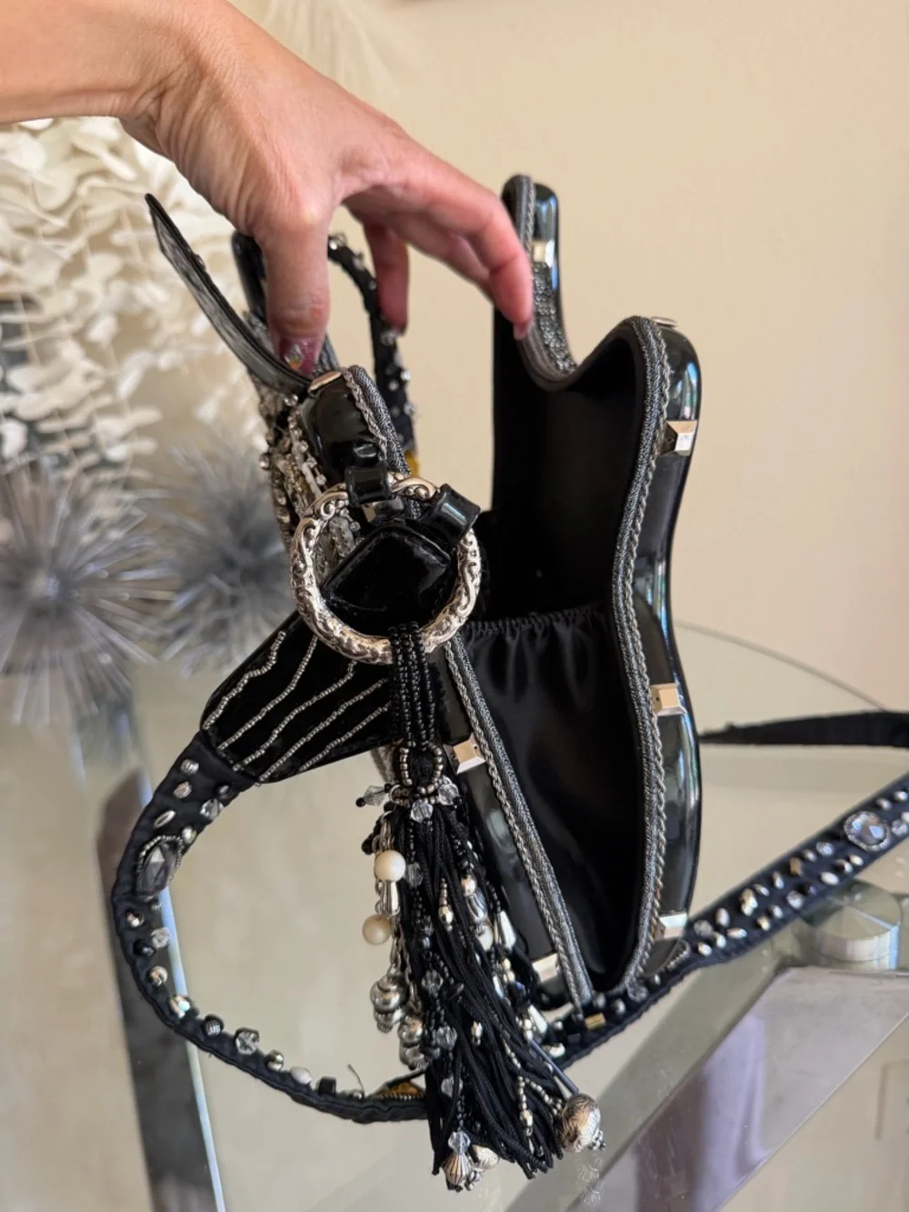 Mary Frances Black and White Beaded Guitar Crossbody Bag - Picture 9 of 9